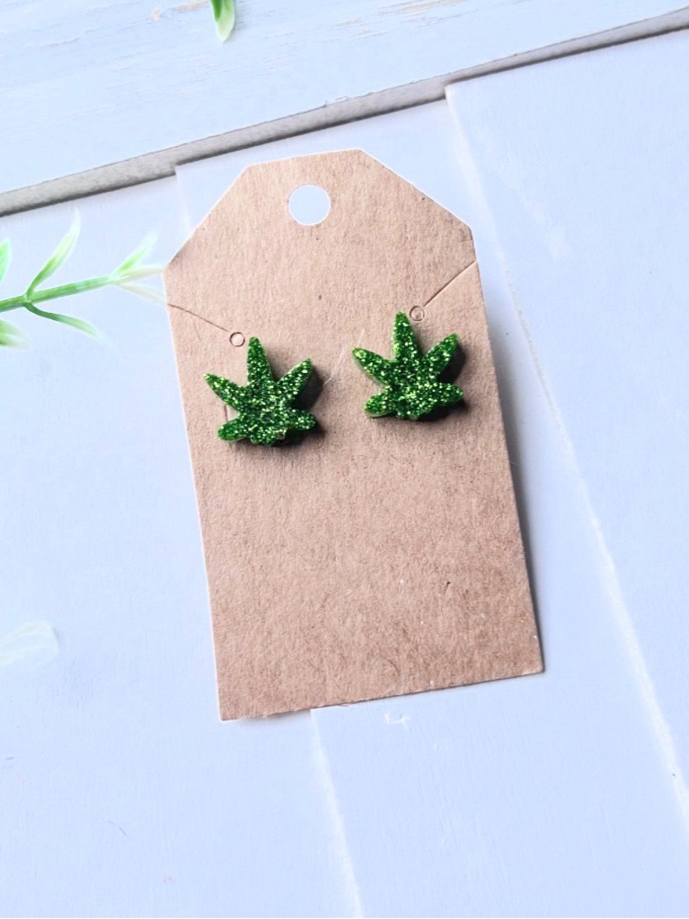 420 Green Glitter Leaf Stud Earrings Cannabis Theme